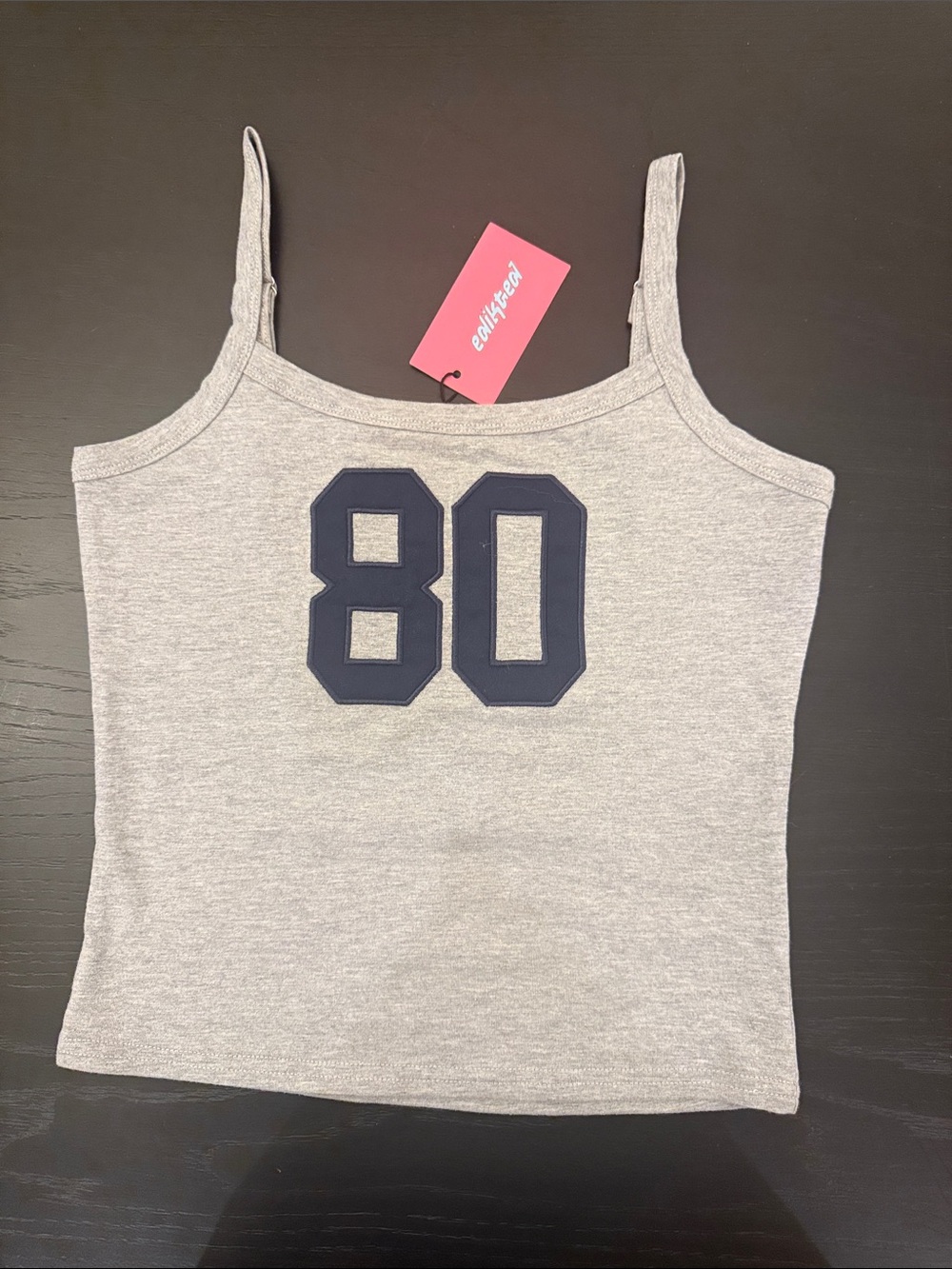 New EDIKTED Spaghetti-Strap Tank Top with '80' Graphic - Gray with navy Size S